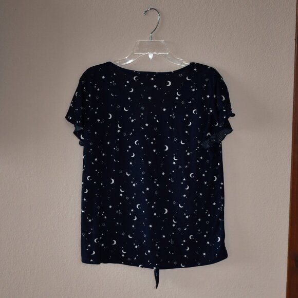 All in Love Women's Blue Celestial Cap Sleeve Button-Up Knot Front Top Size L - Picture 5 of 5